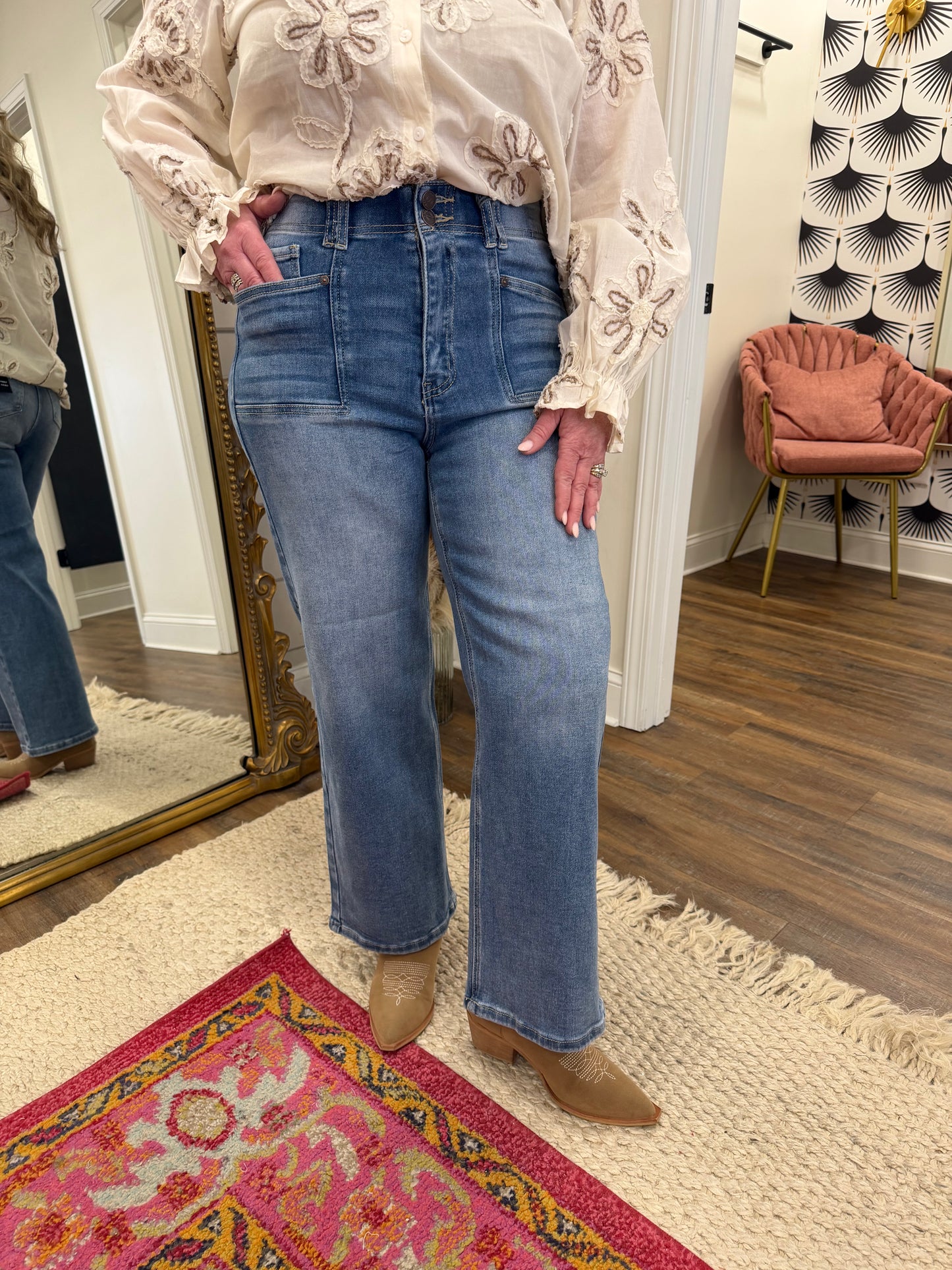 Double Button Straight Leg Jean